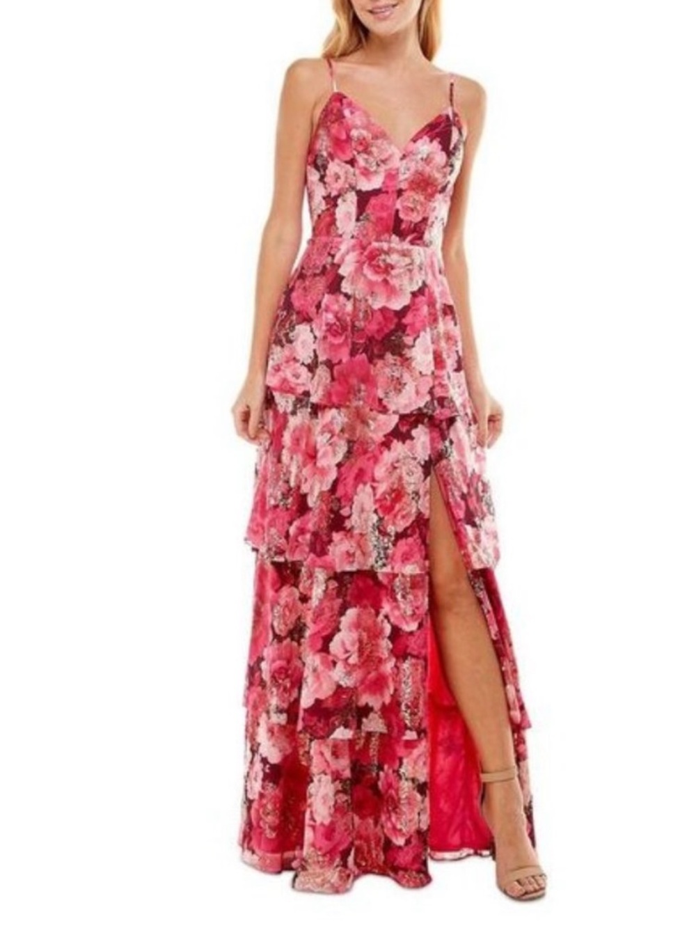 Floral Pink, Red & Gold Tiered Maxi Dress with High Slit & Tie Back Sz M